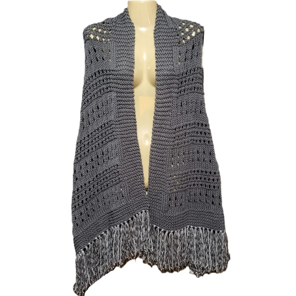 NEW Gray Shawl Scarf Wrap Boho Fringe Hand Knit Fringe Coastal Indie Artsy Moody